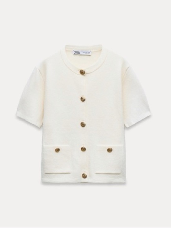 Zara Sweaters - Zara Ivory Knit Short Sleeve Gold Button Cardigan Size M